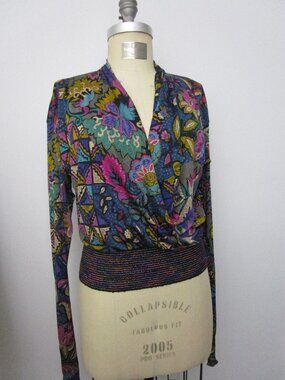 Silk Print Blouse Knitted Waist Vintage 1980s I Magnin